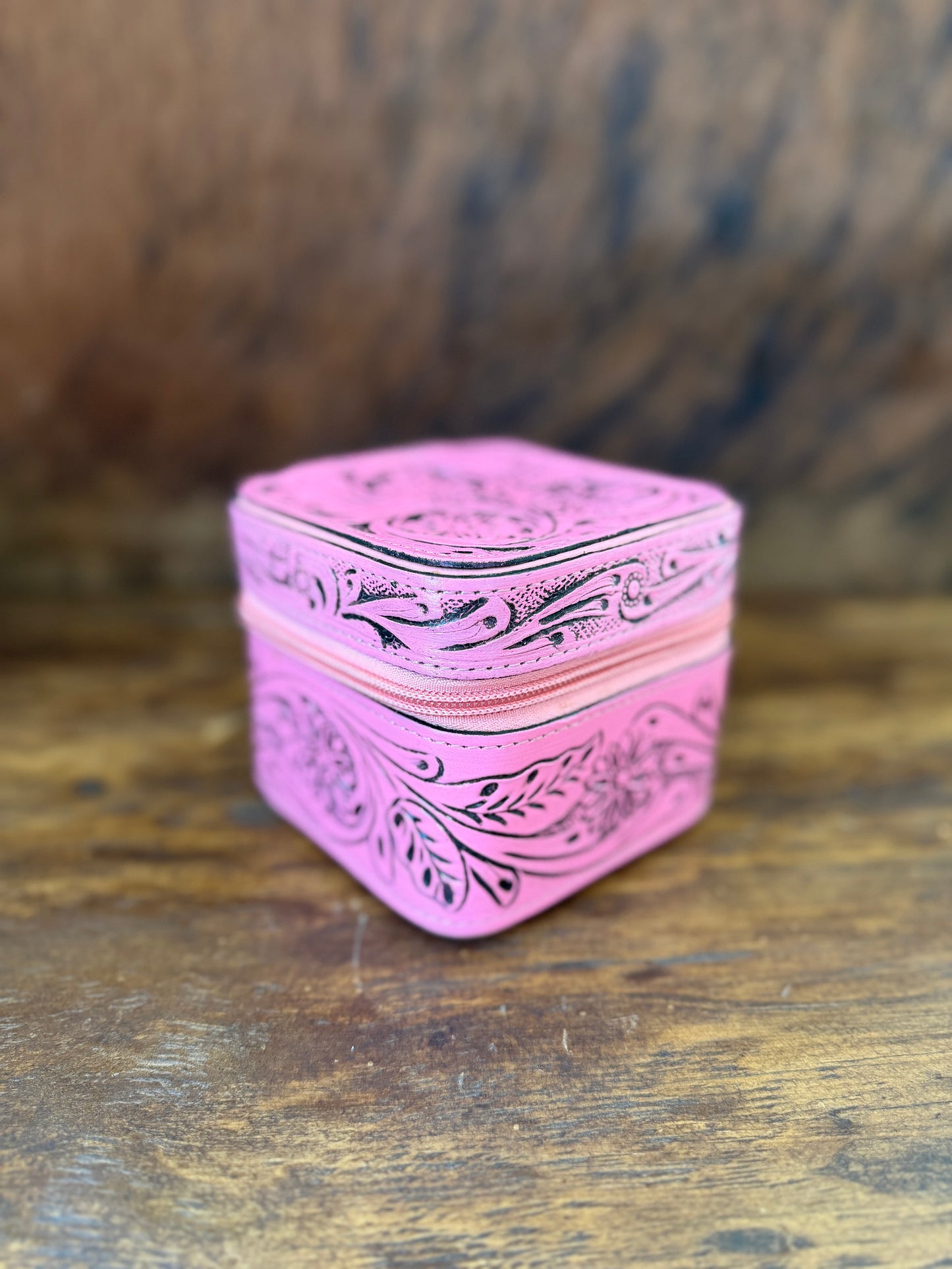 Tooled Leather Mini Jewelry Box with Genuine Cowhide