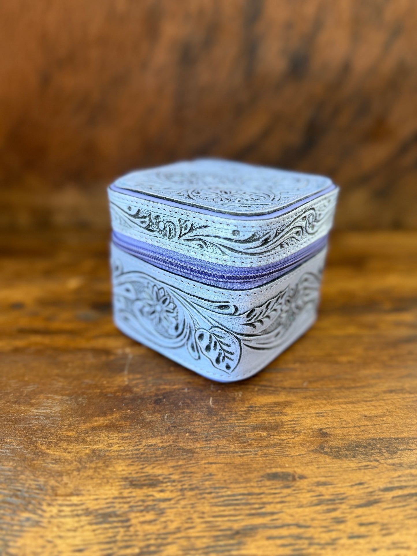 Tooled Leather Mini Jewelry Box with Genuine Cowhide