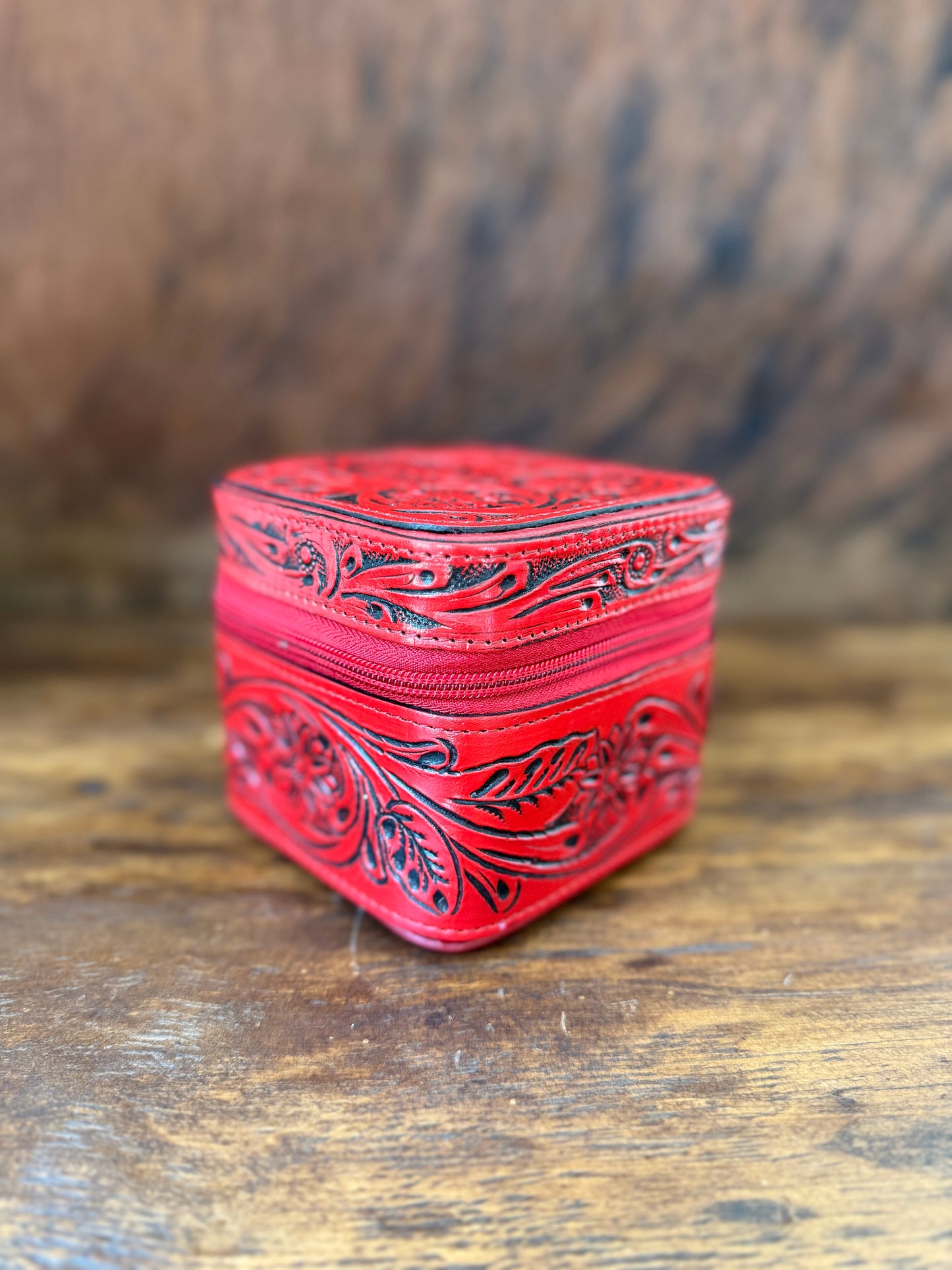 Tooled Leather Mini Jewelry Box with Genuine Cowhide