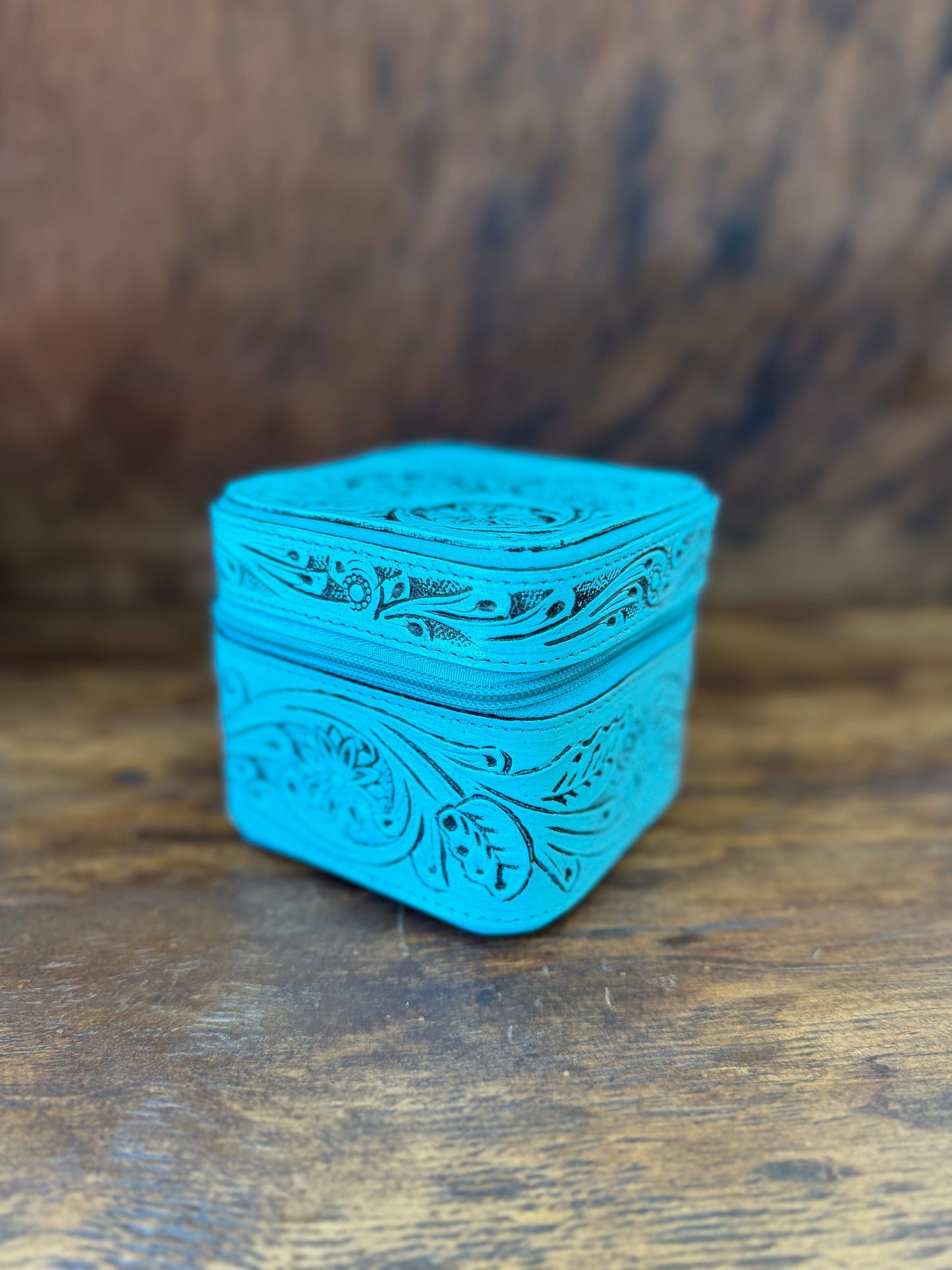Tooled Leather Mini Jewelry Box with Genuine Cowhide