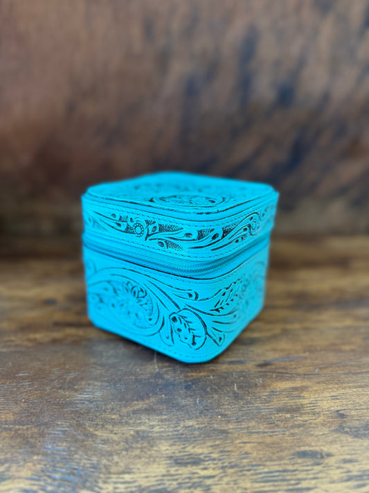 Tooled Leather Mini Jewelry Box with Genuine Cowhide