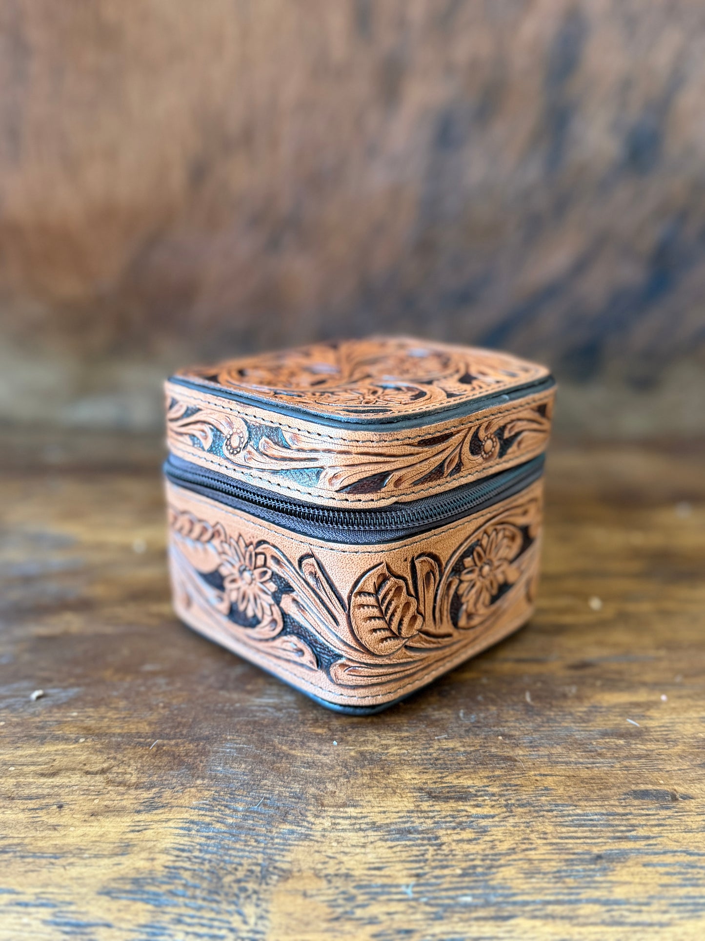 Tooled Leather Mini Jewelry Box with Genuine Cowhide