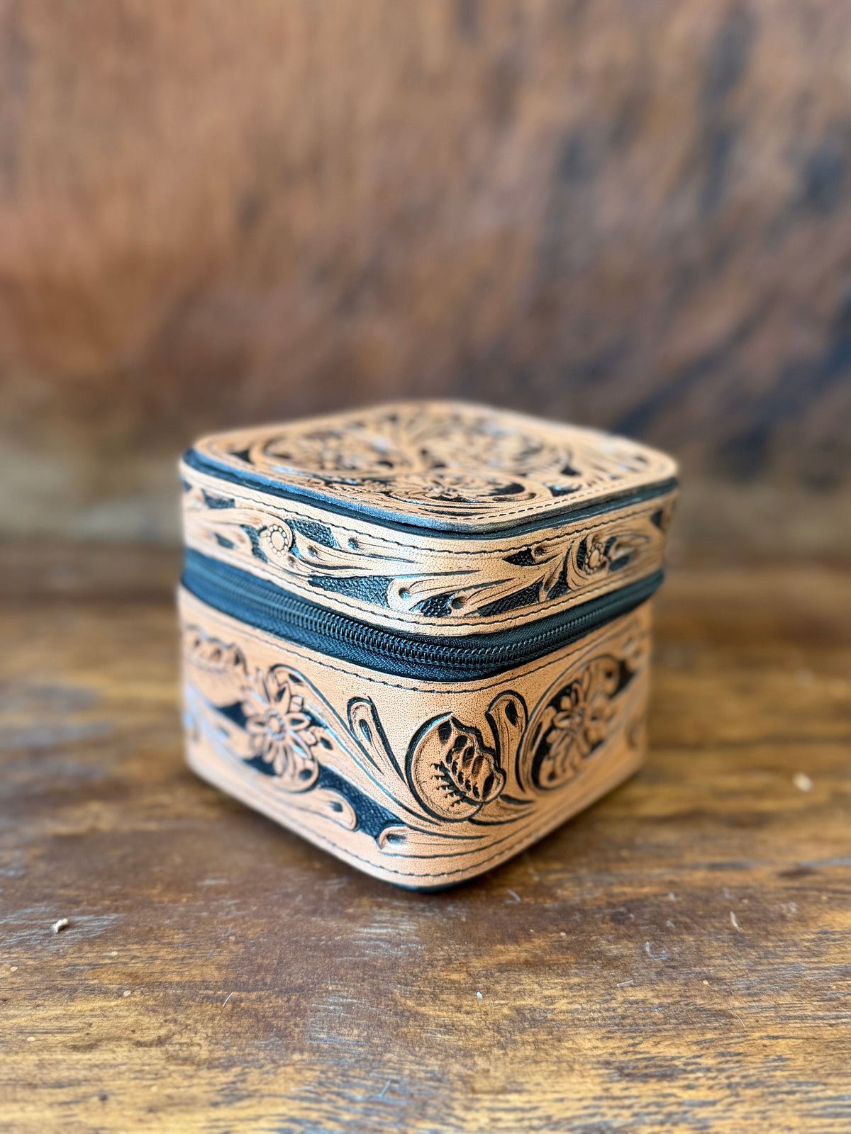 Tooled Leather Mini Jewelry Box with Genuine Cowhide