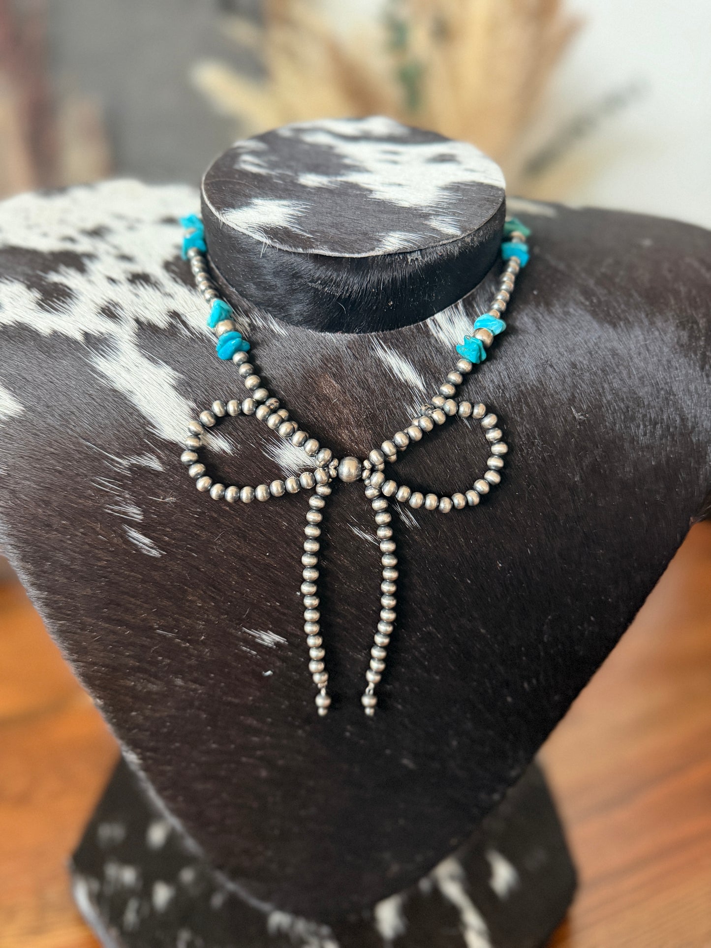 Product Title: Native Hand-Strung Kingman Turquoise & Sterling Silver Pearl Bow Necklace – Lucinda Sardo