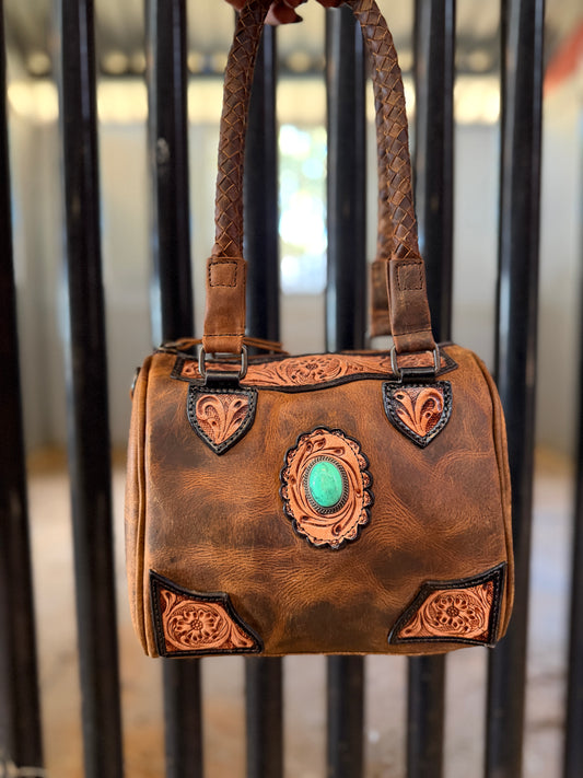 The Tooled Leather Bag with Turquoise Concho