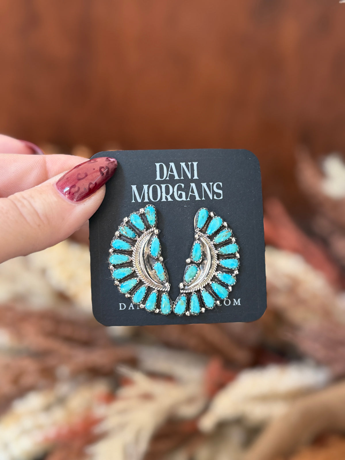 Joan Begay Kingman Turquoise Half Cluster Earrings | Native Made 925 Sterling Silver