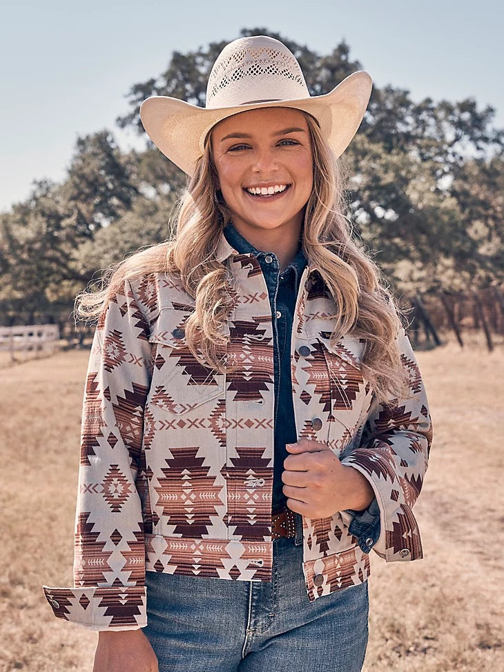 Women's Wrangler® Western Printed Boyfriend Jacket in Geo Brown