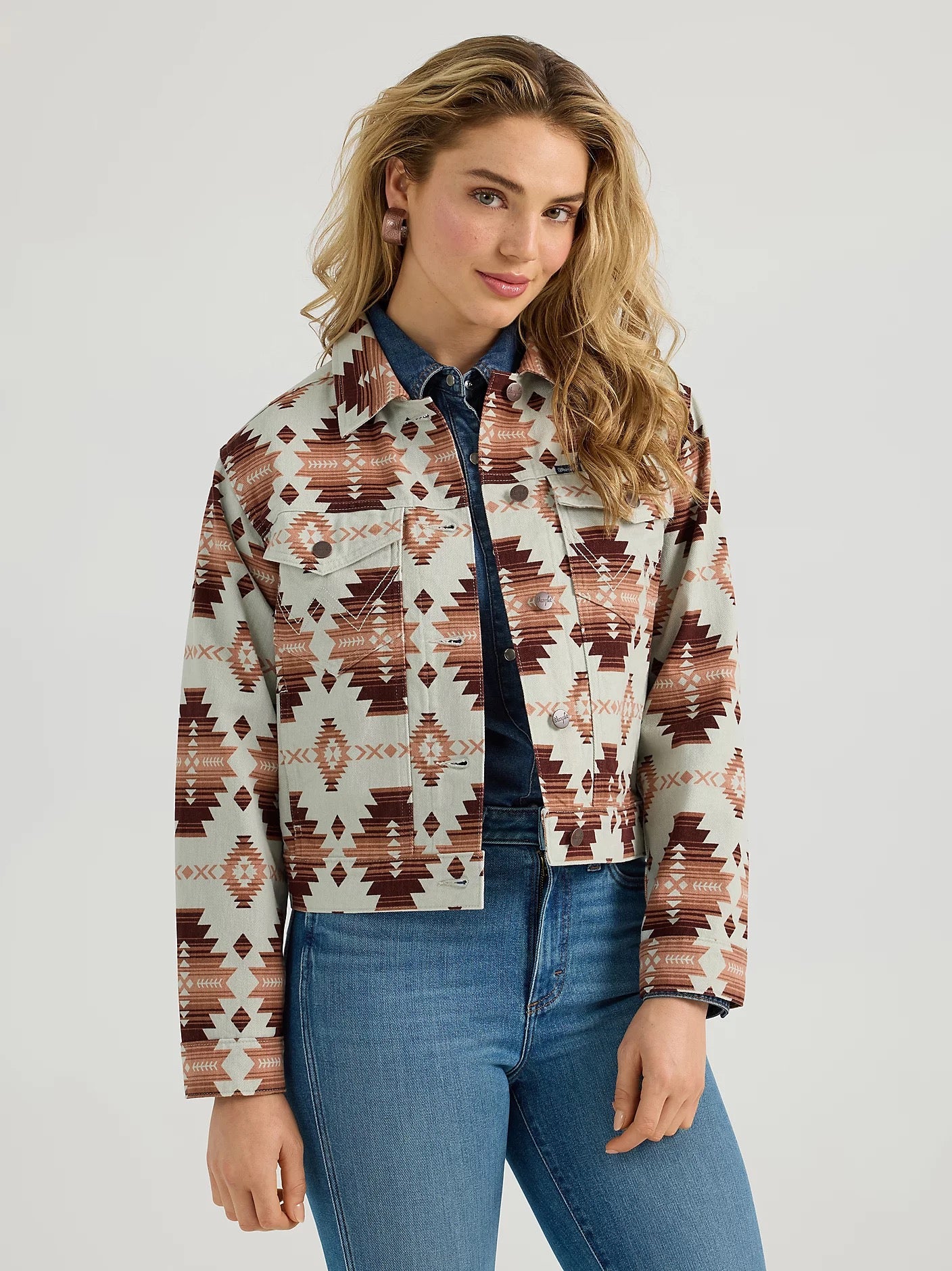 Women's Wrangler® Western Printed Boyfriend Jacket in Geo Brown