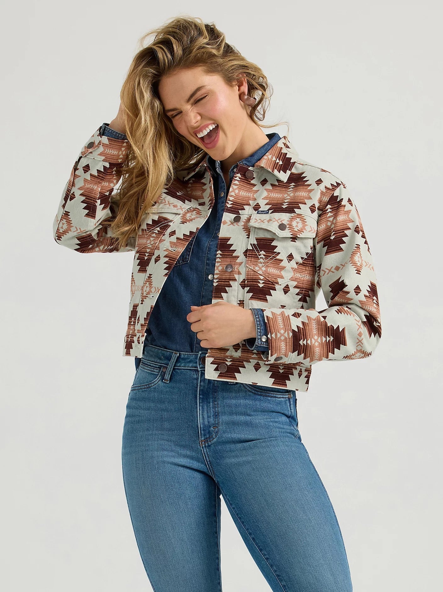 Women's Wrangler® Western Printed Boyfriend Jacket in Geo Brown