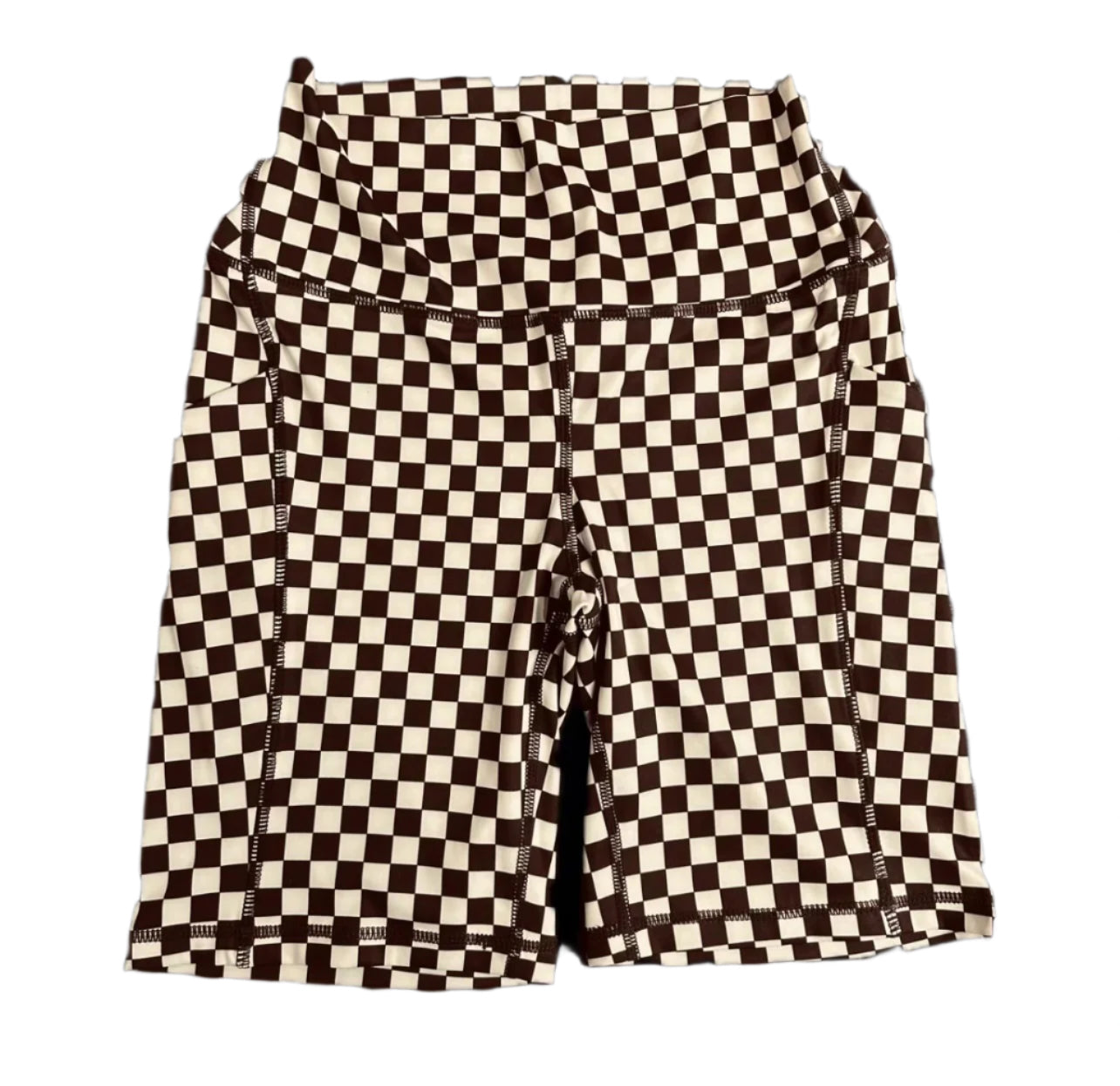 High-Waisted Brown Checkered Biker Shorts