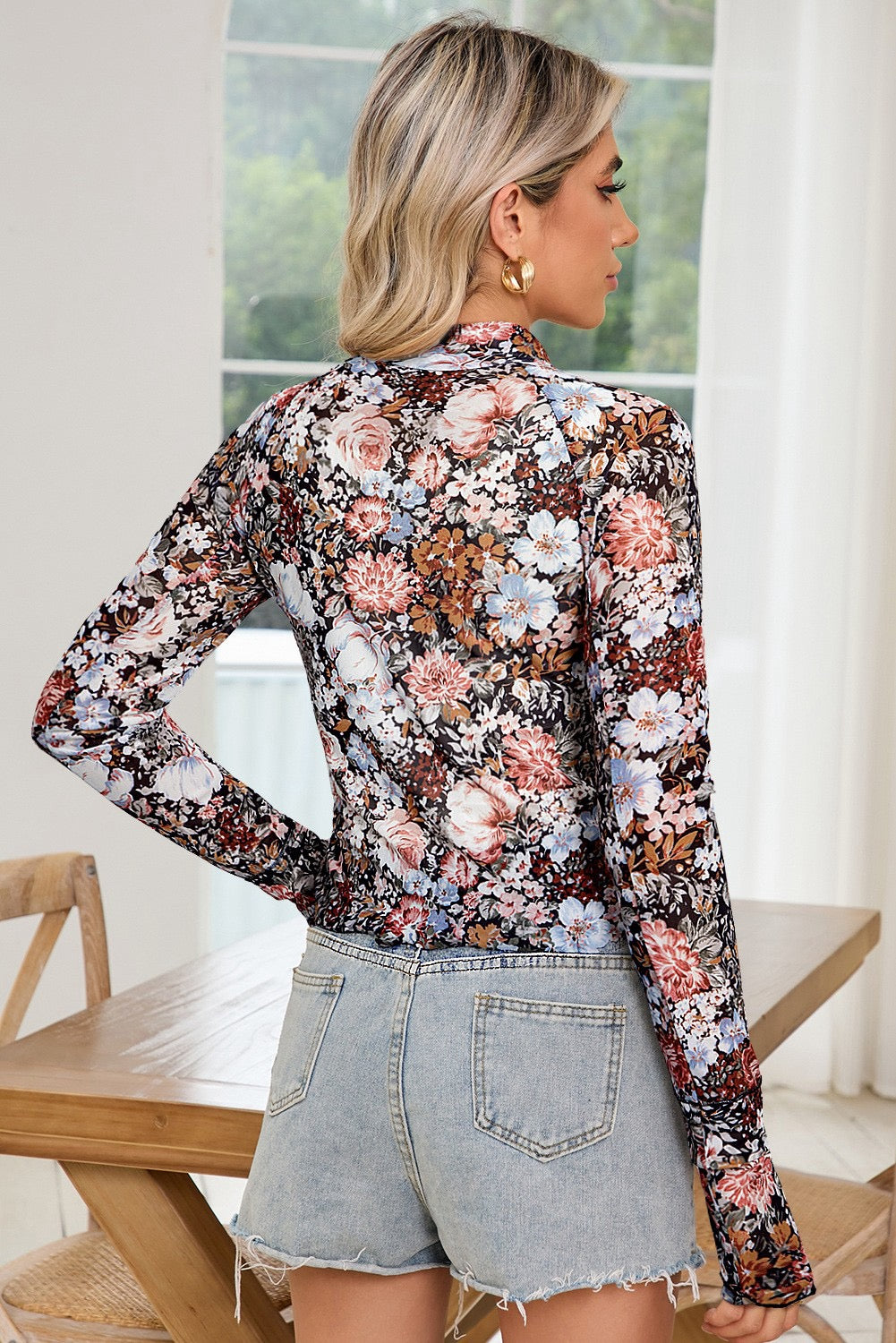 Floral High Neck Mesh Womans Blouse