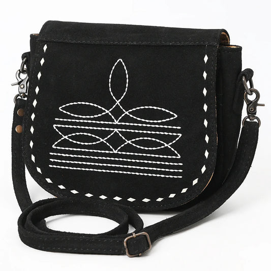 American Darling Black Boot Stitch Leather Crossbody Bag – Genuine Western Handcrafted Purse