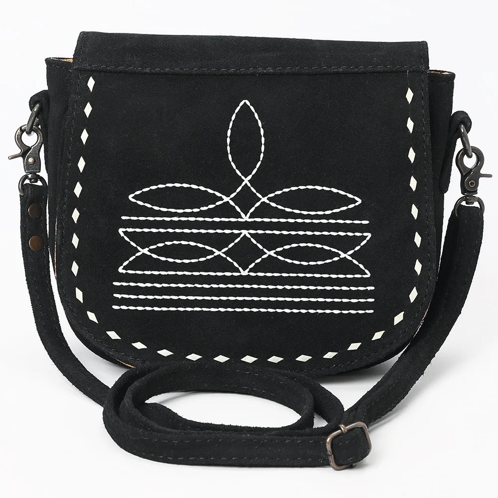 American Darling Black Boot Stitch Leather Crossbody Bag – Genuine Western Handcrafted Purse