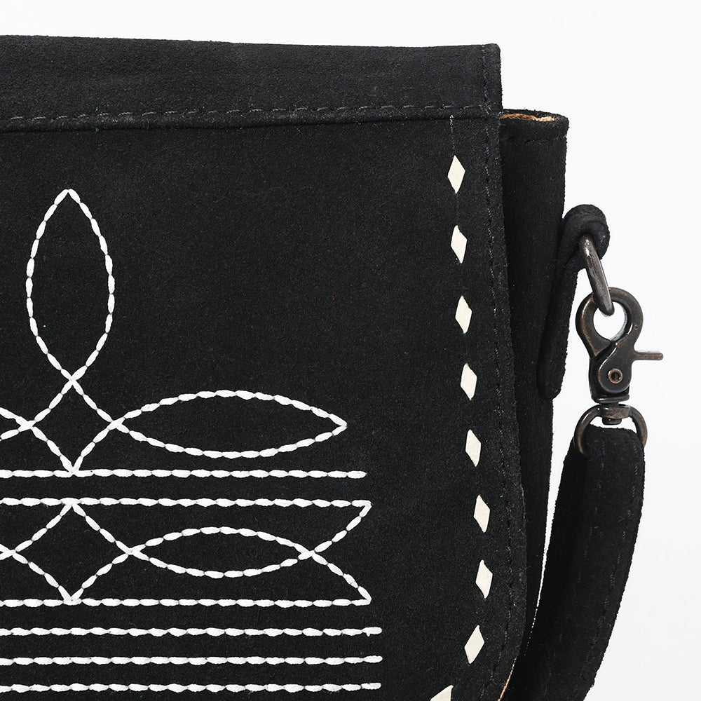 American Darling Black Boot Stitch Leather Crossbody Bag – Genuine Western Handcrafted Purse