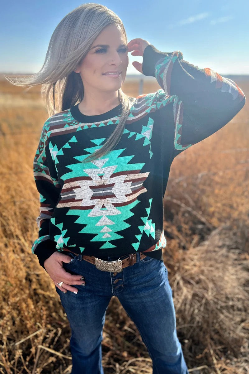 Turquoise Trails Western Print Sweater