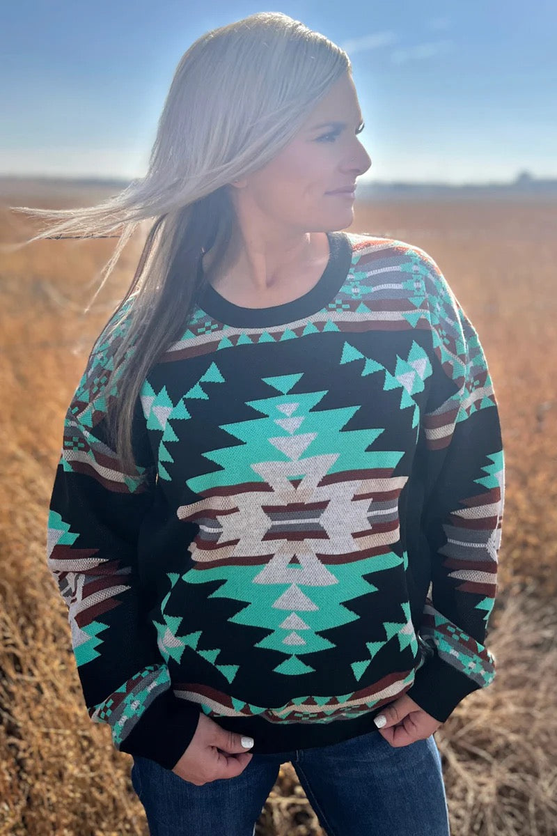 Turquoise Trails Western Print Sweater