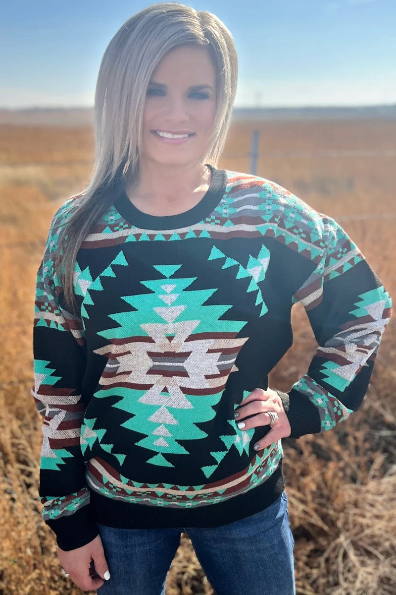 Turquoise Trails Western Print Sweater