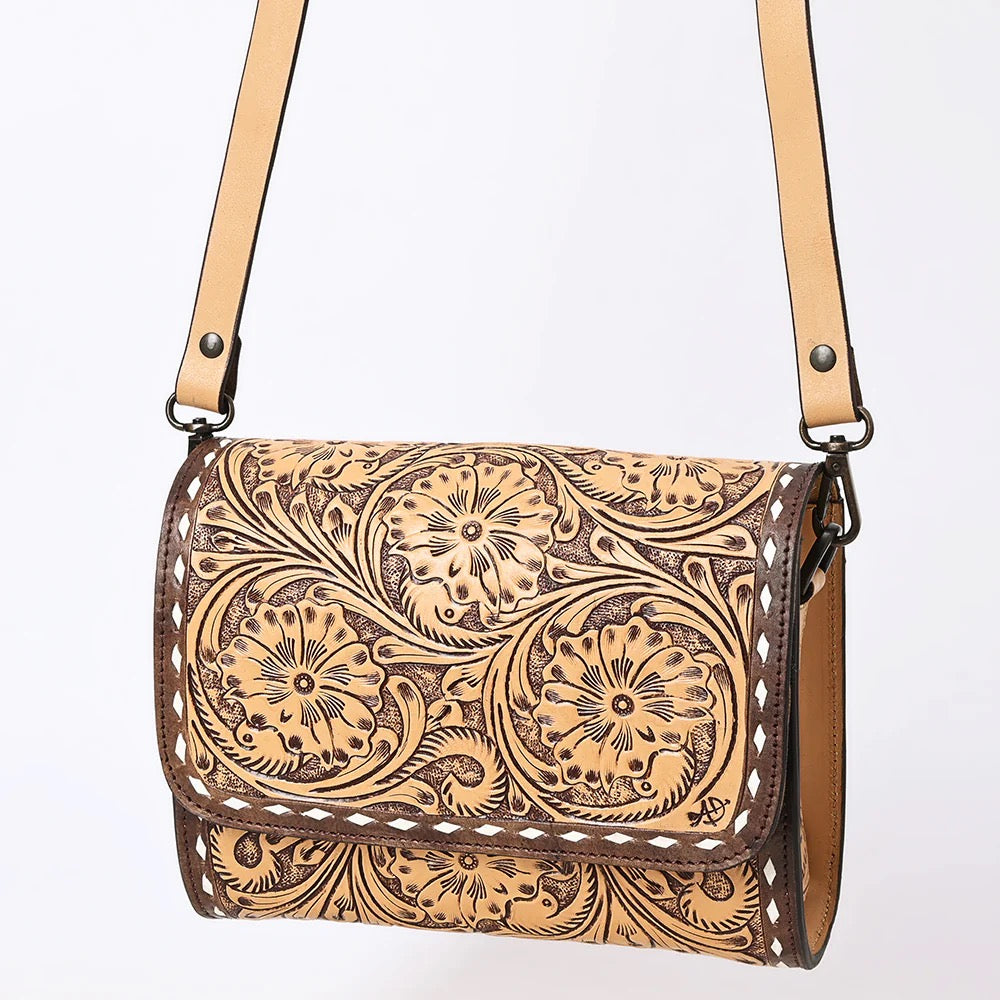 American Darling Leather Hand tooled Flap Over Crossbody Handbag