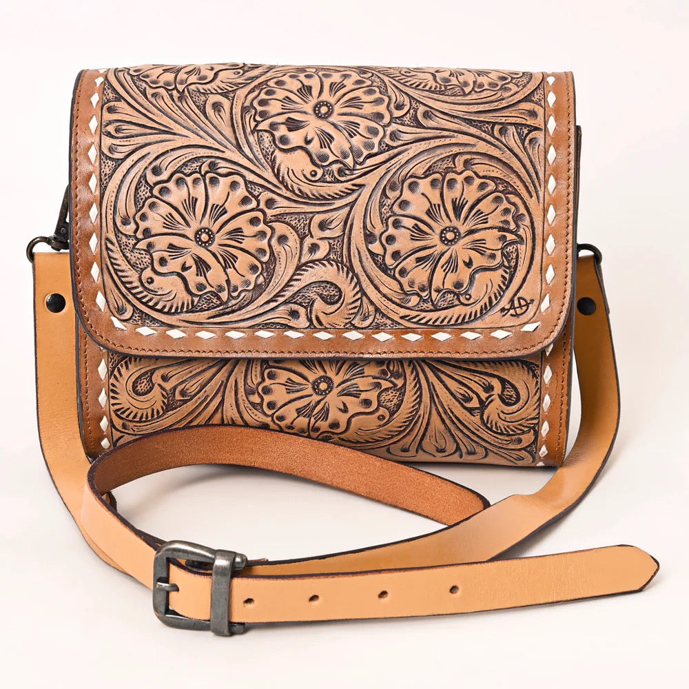 American Darling Leather Hand tooled Flap Over Crossbody Handbag