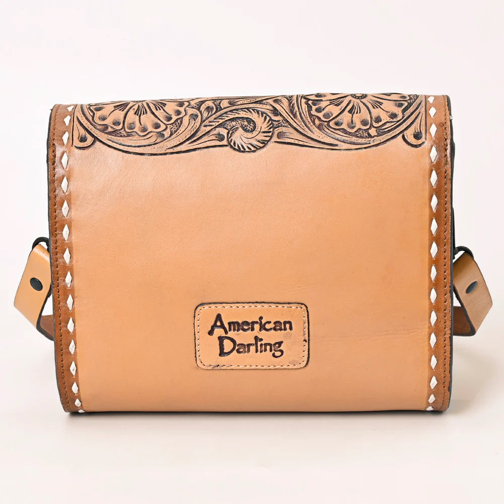 American Darling Leather Hand tooled Flap Over Crossbody Handbag