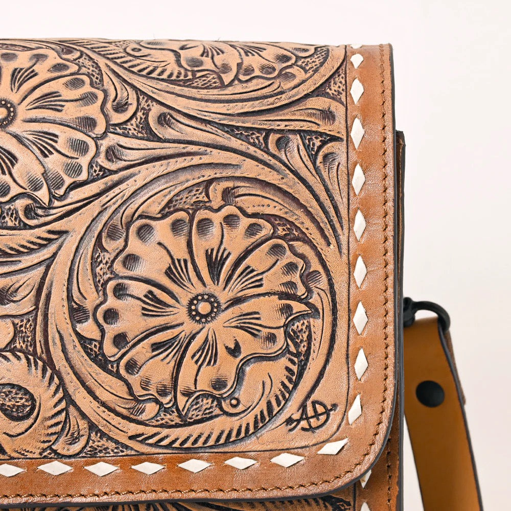 American Darling Leather Hand tooled Flap Over Crossbody Handbag