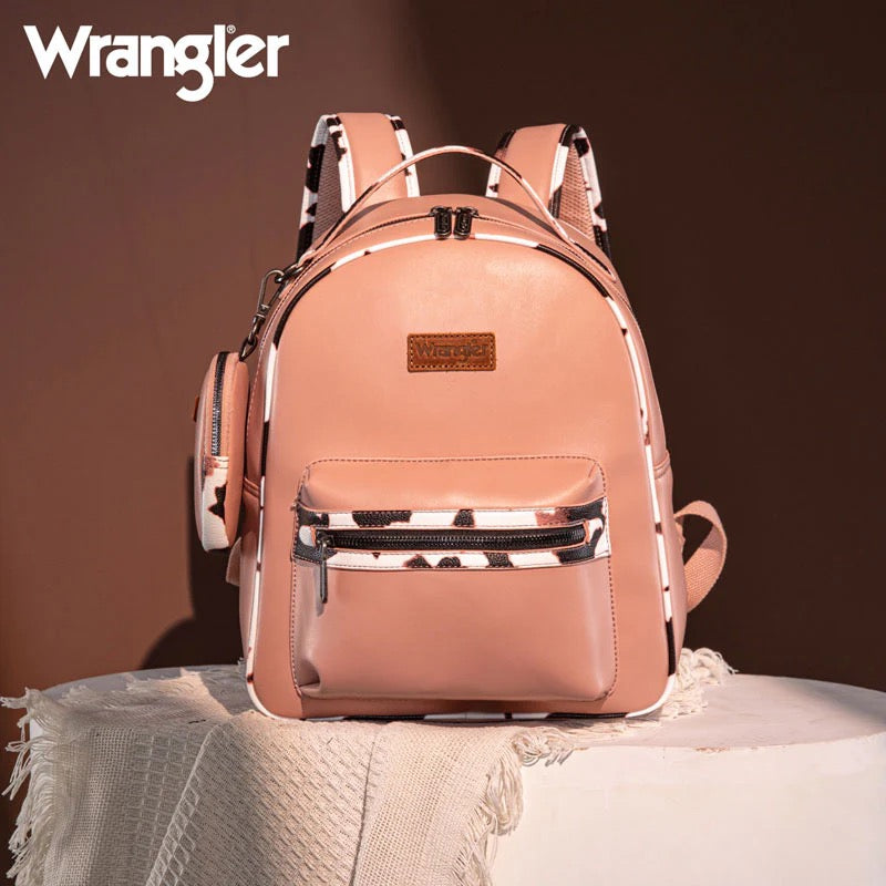 Wrangler Cow Print Decorated Zippered Backpack-Wrangler Women’s Fashion Backpack – Cow Print Decorated Faux Leather Zipper Backpack, Western Style