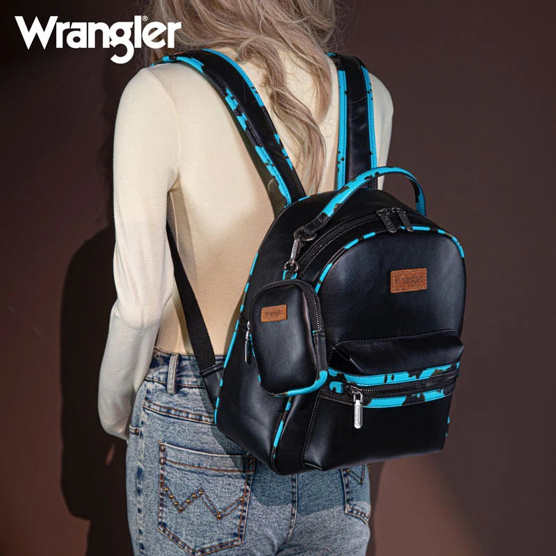 Wrangler Cow Print Decorated Zippered Backpack-Wrangler Women’s Fashion Backpack – Cow Print Decorated Faux Leather Zipper Backpack, Western Style