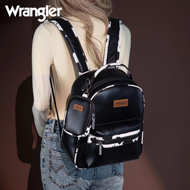 Wrangler Cow Print Decorated Zippered Backpack-Wrangler Women’s Fashion Backpack – Cow Print Decorated Faux Leather Zipper Backpack, Western Style