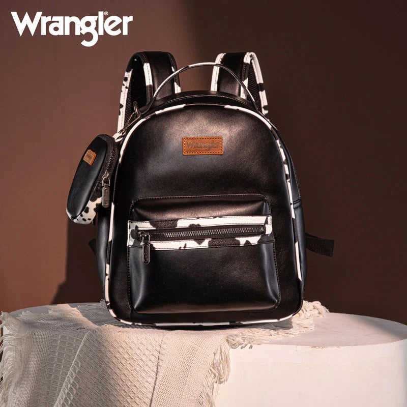 Wrangler Cow Print Decorated Zippered Backpack-Wrangler Women’s Fashion Backpack – Cow Print Decorated Faux Leather Zipper Backpack, Western Style