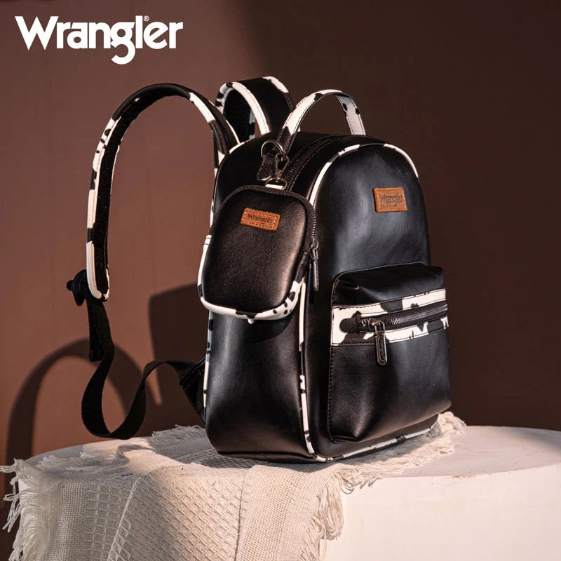 Wrangler Cow Print Decorated Zippered Backpack-Wrangler Women’s Fashion Backpack – Cow Print Decorated Faux Leather Zipper Backpack, Western Style