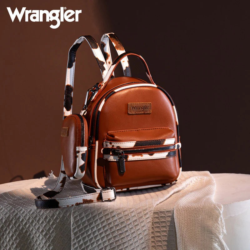 Wrangler Mini Cow Print Accented Backpack – Stylish and Compact Faux Leather Bag with Detachable Coin Purse