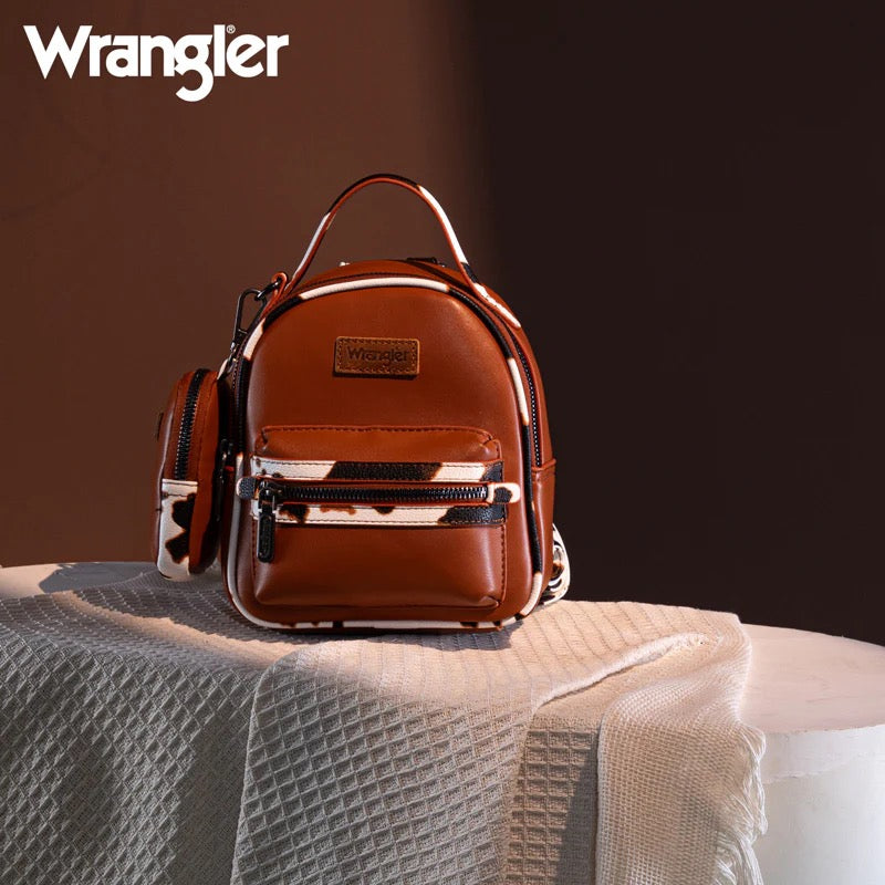 Wrangler Mini Cow Print Accented Backpack – Stylish and Compact Faux Leather Bag with Detachable Coin Purse