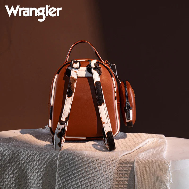 Wrangler Mini Cow Print Accented Backpack – Stylish and Compact Faux Leather Bag with Detachable Coin Purse