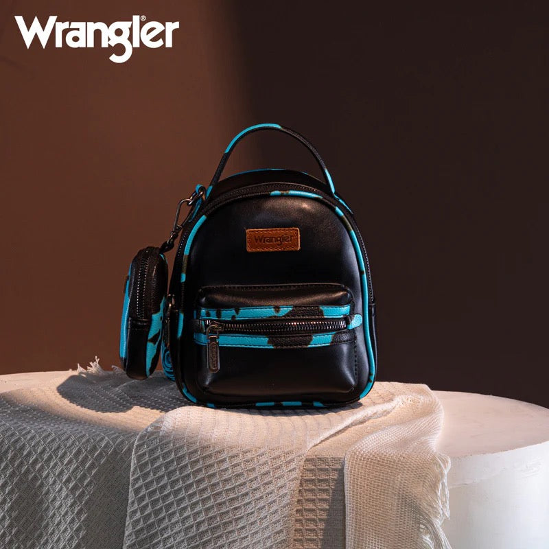 Wrangler Mini Cow Print Accented Backpack – Stylish and Compact Faux Leather Bag with Detachable Coin Purse