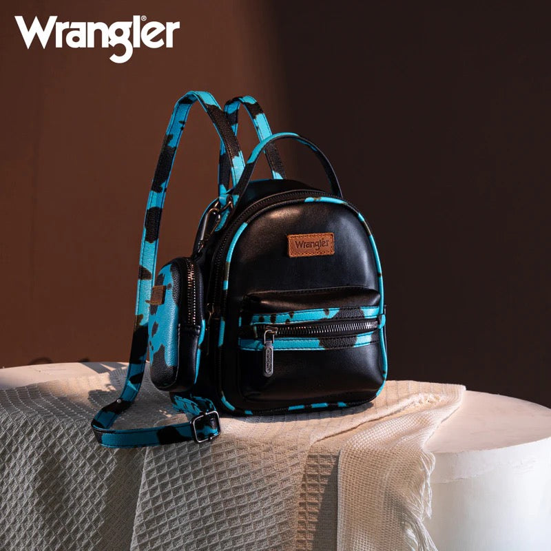 Wrangler Mini Cow Print Accented Backpack – Stylish and Compact Faux Leather Bag with Detachable Coin Purse