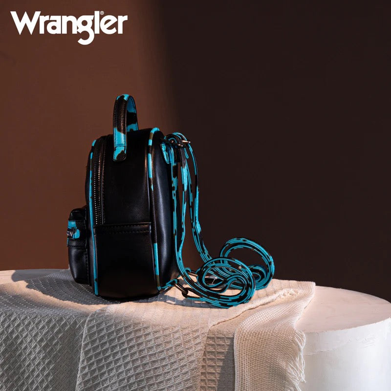 Wrangler Mini Cow Print Accented Backpack – Stylish and Compact Faux Leather Bag with Detachable Coin Purse