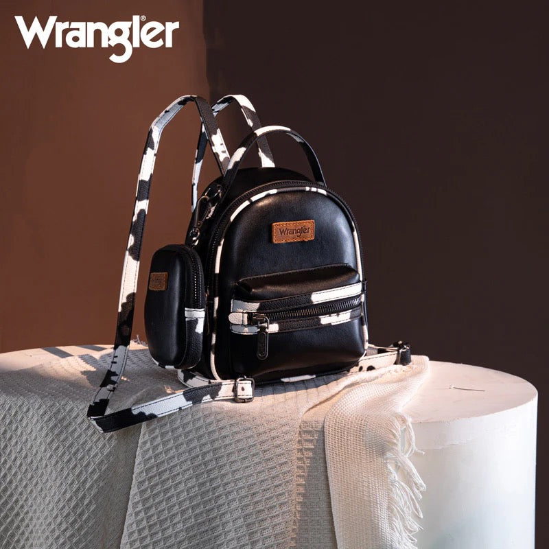 Wrangler Mini Cow Print Accented Backpack – Stylish and Compact Faux Leather Bag with Detachable Coin Purse