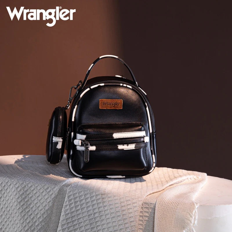 Wrangler Mini Cow Print Accented Backpack – Stylish and Compact Faux Leather Bag with Detachable Coin Purse