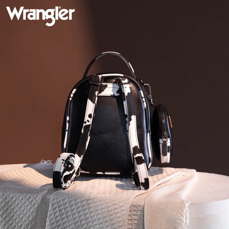 Wrangler Mini Cow Print Accented Backpack – Stylish and Compact Faux Leather Bag with Detachable Coin Purse