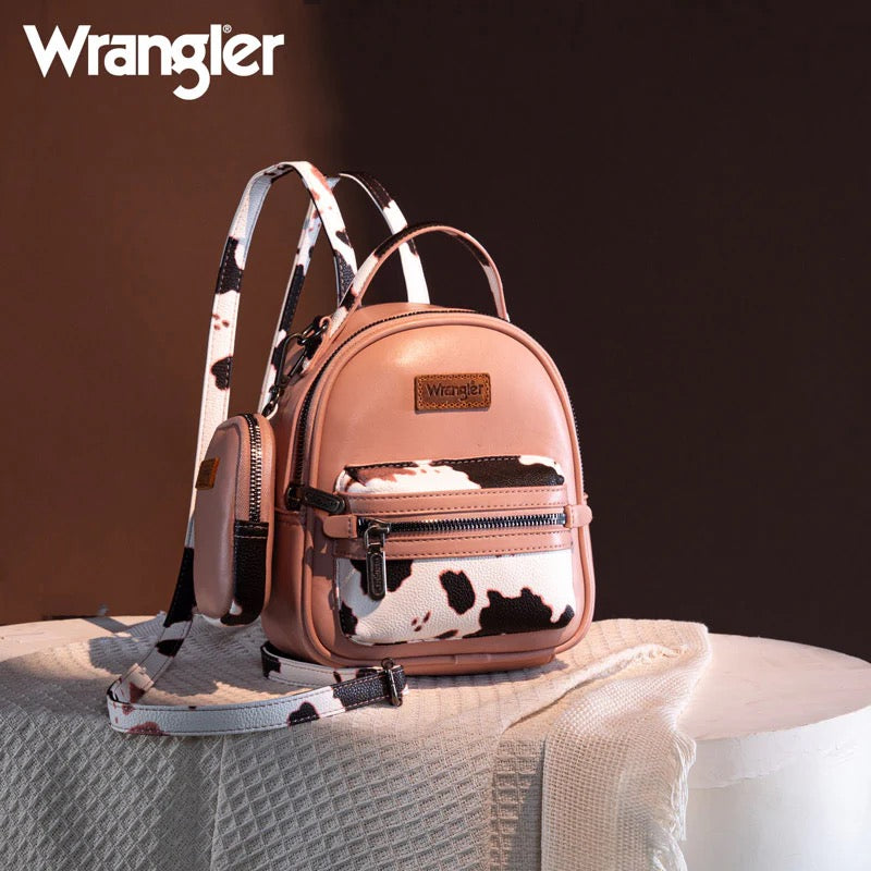 Wrangler Mini Cow Print Accented Backpack – Stylish and Compact Faux Leather Bag with Detachable Coin Purse