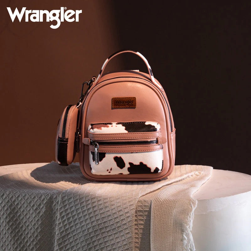 Wrangler Mini Cow Print Accented Backpack – Stylish and Compact Faux Leather Bag with Detachable Coin Purse