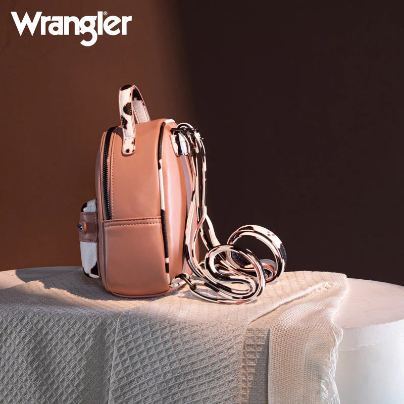 Wrangler Mini Cow Print Accented Backpack – Stylish and Compact Faux Leather Bag with Detachable Coin Purse