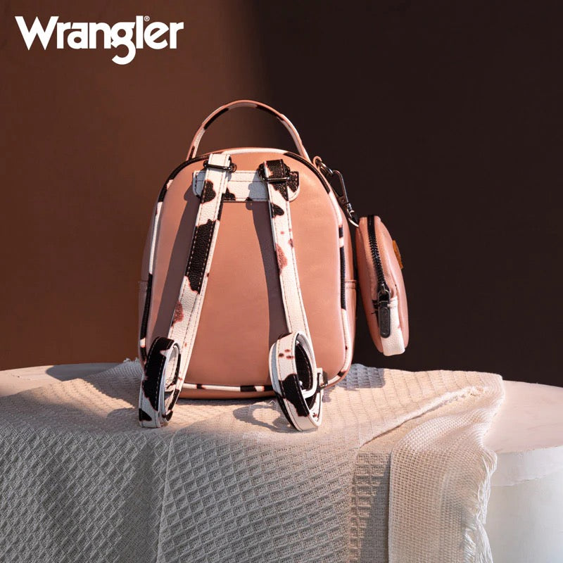 Wrangler Mini Cow Print Accented Backpack – Stylish and Compact Faux Leather Bag with Detachable Coin Purse