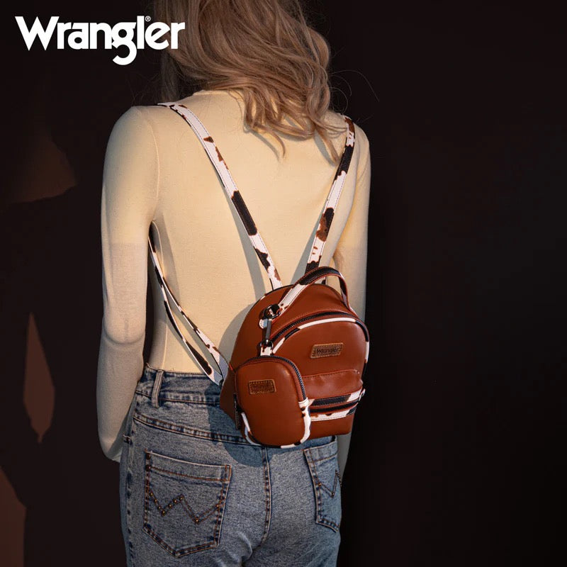 Wrangler Mini Cow Print Accented Backpack – Stylish and Compact Faux Leather Bag with Detachable Coin Purse