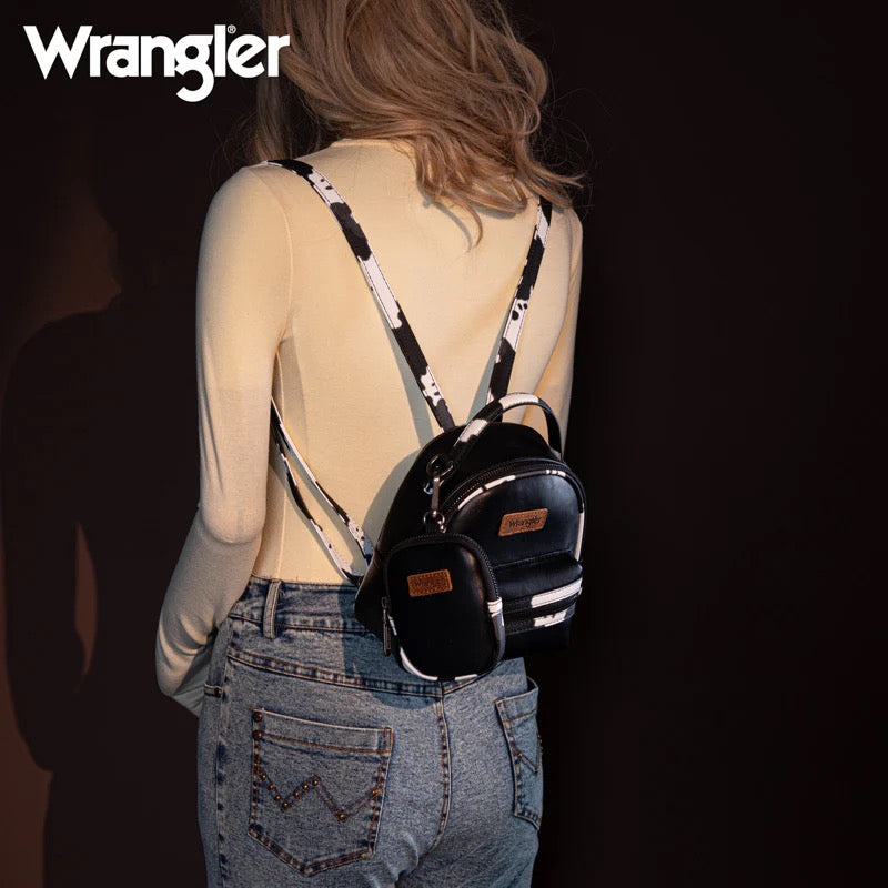 Wrangler Mini Cow Print Accented Backpack – Stylish and Compact Faux Leather Bag with Detachable Coin Purse