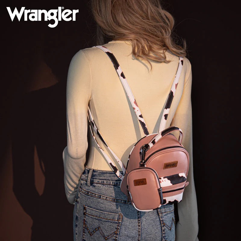 Wrangler Mini Cow Print Accented Backpack – Stylish and Compact Faux Leather Bag with Detachable Coin Purse