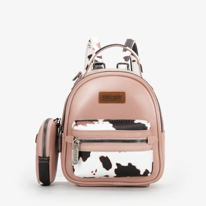 Wrangler Mini Cow Print Accented Backpack – Stylish and Compact Faux Leather Bag with Detachable Coin Purse