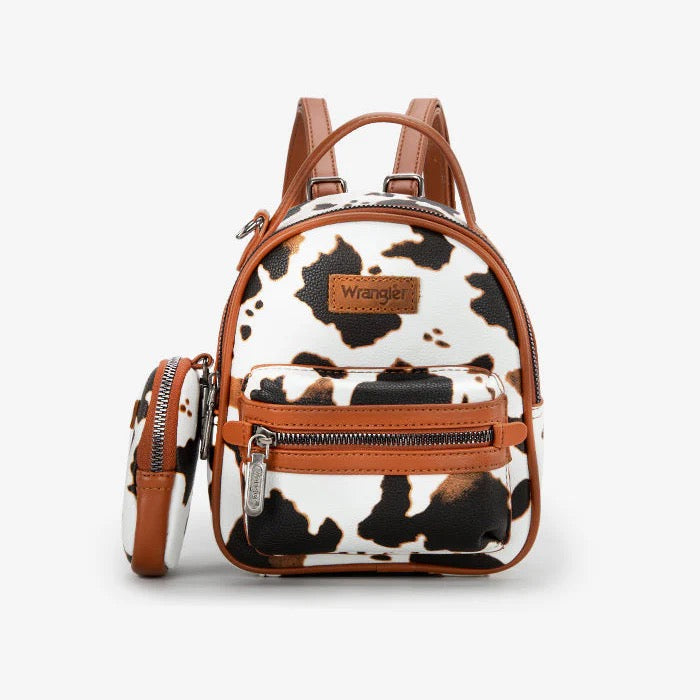 Wrangler Cow Print Mini Backpack – Faux Leather with Detachable Coin Purse, Small Fashion Daypack for Women, Adjustable Straps