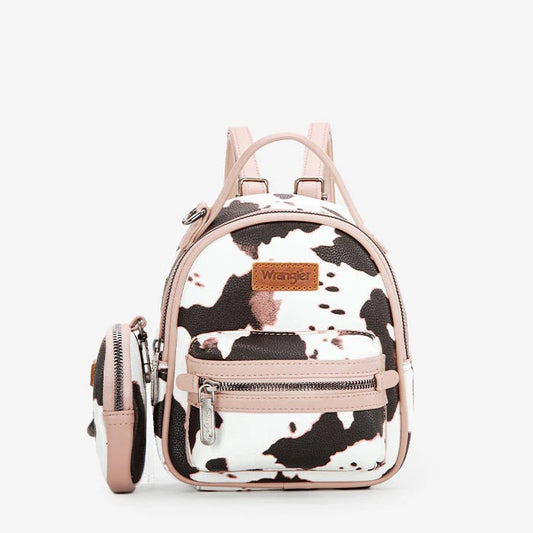 Wrangler Cow Print Mini Backpack – Faux Leather with Detachable Coin Purse, Small Fashion Daypack for Women, Adjustable Straps