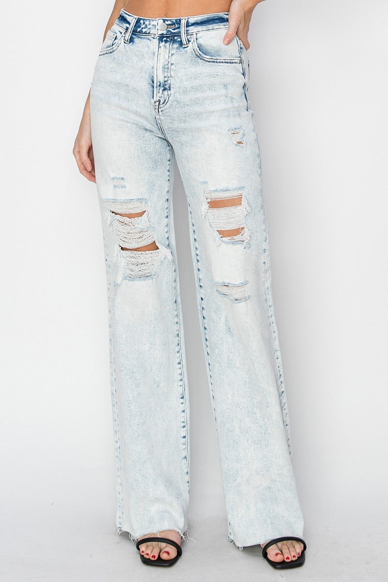 Becca High Rise Distressed Wide Leg Risen Jeans